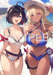 2girls ahoge atelier_(series) atelier_yumia beach bikini blonde_hair breasts cleavage closed_mouth dark-skinned_female dark_skin hair_between_eyes highres large_breasts looking_at_viewer medium_breasts mole mole_under_eye multiple_girls navel nina_friede official_art open_mouth purple_eyes short_hair smile swimsuit watermark yumia_liessfeldt