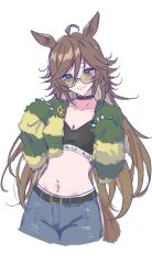 Rule 34 | 1girl, ahoge, alternate costume, animal ears, belt, black shirt, blue pants, blush, breasts, brown hair, choker, cleavage, closed mouth, crop top, cropped jacket, cropped legs, denim, fur jacket, green eyes, green jacket, green nails, hair between eyes, highres, horse ears, horse girl, horse tail, jacket, jeans, kerotan (belle reinedesu), long hair, looking at viewer, mr. c.b. (umamusume), navel, navel piercing, open clothes, open jacket, pants, piercing, round eyewear, shirt, simple background, small breasts, smile, solo, sunglasses, tail, umamusume, white background