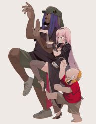 1girl 2boys bald barefoot black_nails breasts castle_super_beast cleavage dark_skin dreadlocks frown high_heels highres hololive hololive_english long_hair mori_calliope multicolored_hair multiple_boys open_mouth orange_hair pat_boivin pink_hair red_shirt sharp_teeth shirt shoes shorts simple_background skindentation sneakers t-shirt teeth tiara virtual_youtuber woolie yotsubato!_pose zedd_(zedgawr) |_|