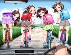 1boy 4girls absurdres age_difference ass backpack bag bicycle black_hair blue_eyes blue_sky brown_eyes brown_hair cameltoe car car_interior censored cleft_of_venus country_roads day fat_mons flat_chest from_behind higeepon highres huge_filesize loli long_hair looking_at_viewer looking_back medium_hair mosaic_censoring motor_vehicle multiple_girls no_panties outdoors pink_eyes pov pov_hands purple_eyes pussy randoseru riding see-through_clothes sky tagme third-party_edit vehicle_interior x-ray