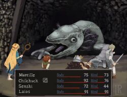 1girl 1other 3boys ambrosia_(dungeon_meshi) armor beard blonde_hair blue_capelet blue_robe brown_hair capelet character_name chilchuck_tims commentary crossover dungeon_meshi dwarf english_commentary english_text facial_hair fake_horns fear_&amp;_hunger fear_&amp;_hunger_(series) fear_&amp;_hunger_1 game_screenshot gameplay_mechanics helmet highres holding holding_sword holding_weapon hood hooded_capelet horned_helmet horns laios_touden leather_armor lemon_rinds long_beard long_hair long_sleeves marcille_donato monster multiple_boys neck_warmer plate_armor pointy_ears robe salmonsnake_(fear_&amp;_hunger) senshi_(dungeon_meshi) short_hair sword user_interface very_long_beard watermark weapon