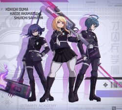 1girl 2boys ahoge akamatsu_kaede armband artist_name black_hair black_skirt blue_hair blush boots buttons character_name collared_jacket danganronpa_(series) danganronpa_v3:_killing_harmony evil_grin evil_smile eyelashes flipped_hair full_body gloves grin hair_between_eyes hair_ornament hammer hand_on_own_hip height_difference highres holding holding_hammer holding_sheath holding_sword holding_weapon huge_weapon jacket katana knee_boots long_hair long_sleeves looking_at_viewer medium_hair multiple_boys oma_kokichi pants partially_shaded_face pleated_skirt plump purple_eyes purple_hair saihara_shuichi sailor_collar school_uniform shadow sheath shirt short_hair silhouette skirt smile soshu_(soshuscribbles) standing sword teeth the_hundred_line_-last_defense_academy- thick_thighs thigh_strap thighs weapon white_armband white_gloves yellow_eyes
