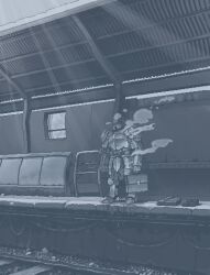 armor armored_boots belt blazer boots briefcase corrugated_galvanized_iron_sheet dithering folded_clothes full_armor gauntlets hamsterfragment heat_haze helm helmet holding holding_briefcase hot jacket jaggy_lines light_rays loafers monochrome original outdoors oversized_clothes pauldrons pebble railing railroad_tracks shoes shoulder_armor solo standing steam sunbeam sunlight train_station train_station_platform unworn_jacket unworn_shoes window