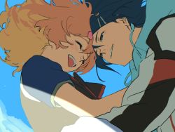 1boy 1girl ^_^ blonde_hair blue_eyes blue_hair blue_hoodie blush closed_eyes colored_inner_hair couple drawstring closed_eyes floating freyja_wion hair_ornament hairclip hayate_immelmann hetero highres hood hoodie hug macross macross_delta mosako multicolored_hair open_mouth orange_hair sky smile