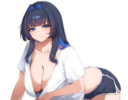 Rule 34 | 1girl, absurdres, alternate costume, alternate hair length, alternate hairstyle, areola slip, artist name, black hair, black shorts, blue eyes, blue hair, blush, breasts, cleavage, closed mouth, clothes pull, collarbone, colored inner hair, commentary, dolphin shorts, hair intakes, highres, hololive, hololive english, large breasts, long hair, looking at viewer, multicolored hair, nipple slip, nipples, ouro kronii, pulling own clothes, shirt, shirt pull, short shorts, short sleeves, shorts, simple background, solo, sweat, thighs, virtual youtuber, weiic, white background, white shirt