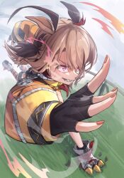 Rule 34 | 1girl, absurdres, animal ear hood, animal ears, arms up, blush, bow, brown hair, ear bow, ear covers, ear ornament, ear ribbon, fake animal ears, full body, gigi murin, hair through hood, highres, hololive, hololive english, hood, hoodie, horse ears, horse girl, horse tail, joints, kemonomimi mode, light smile, multicolored hair, open mouth, orange hood, orange hoodie, pants, running, shoes, short hair, single ear cover, smile, solo, streaked hair, tail, two-tone hair, tying hair, umamusume, virtual youtuber, zeranium (zeranium17)