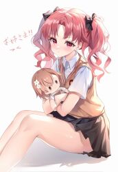 1girl black_bow black_skirt bow brown_eyes brown_hair brown_sweater_vest character_doll collared_shirt crossed_arms doll guzangnanfeng hair_bow highres knees_up long_hair looking_at_viewer miniskirt misaka_mikoto pleated_skirt school_emblem school_uniform shirai_kuroko shirt short_sleeves simple_background sitting skirt solo summer_uniform sweater_vest toaru_kagaku_no_railgun toaru_majutsu_no_index tokiwadai_school_uniform translation_request twintails v-neck white_shirt