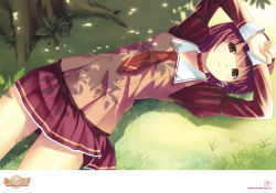 1girl absurdres ars_magna brown_eyes choker female_focus grass highres koutaro lying mizusawa_noel nature necktie on_back original outdoors red_hair school_uniform short_hair skirt smile solo tree yellow_eyes