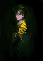 1boy aeferjam black_background black_hair black_hanfu black_hat chinese_clothes commentary english_commentary erha_he_tadebai_mao_shizun gold_trim guan_hat hanfu hat highres looking_at_viewer male_focus mian_guan mo_ran parted_lips purple_eyes solo taxian-jun