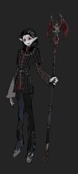 Rule 34 | 1boy, baldur&#039;s gate, baldur&#039;s gate 3, black hair, black nails, cazador szarr, dungeons & dragons, dungeons &amp; dragons, earrings, fang, fingernails, full body, grey background, hair slicked back, highres, jewelry, layered sleeves, long fingernails, long hair, pale skin, pointy ears, red eyes, sash, solo, staff, vampire, vihua6