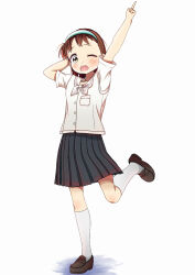 1girl arm_up black_skirt blush brown_shoes buttons full_body hairband highres jpeg_artifacts loafers original pleated_skirt pocket pointing pointing_up school_uniform shirt shizuri_baby shoes short_hair short_sleeves simple_background skirt smile socks standing standing_on_one_leg white_background white_shirt white_socks