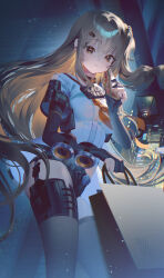 Rule 34 | 1girl, absurdres, bag, black shorts, black thighhighs, breasts, brown eyes, brown hair, cleavage, closed mouth, commentary, eating, elbow gloves, food, girls&#039; frontline, girls&#039; frontline 2: exilium, gloves, grey gloves, hair between eyes, highres, holding, holding bag, holding food, holding sandwich, k2 (girls&#039; frontline), light particles, long hair, looking at viewer, medium breasts, partially fingerless gloves, ramingbera, sandwich, shirt, shopping bag, short shorts, shorts, solo, thighhighs, thighs, white shirt, yoohee (girls&#039; frontline 2)