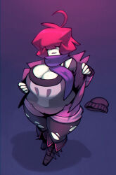 1girl ahoge bigdad bra breasts cleavage clothes_on_floor commentary covered_eyes english_commentary fingerless_gloves fold-over_boots full_body gazlene_membrane gloves goth_fashion hair_over_eyes hand_up hat huge_breasts invader_zim pantyhose pantyhose_under_shorts parted_lips pink_hair purple_scarf removing_jacket scarf shadow shirt short_hair shorts simple_background skull_print solo standing sweat thick_thighs thighs torn_clothes torn_pantyhose underwear