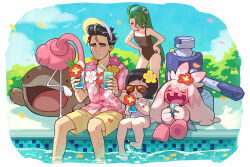 1boy 3girls ahoge anger_vein arched_bangs barefoot beak bird black_hair blush_stickers clodsire closed_mouth colored_skin earrings feet flamigo flower green_hair hair_flower hair_ornament hammer hawaiian_shirt huge_weapon jewelry larry_(pokemon) leg_hair long_hair multicolored_hair multiple_girls nicca_(nicca11y) nintendo one-piece_swimsuit open_mouth petals pink_flower pink_skin pokemon pokemon_(creature) pokemon_sv ponytail pool poppy_(pokemon) red_eyes red_flower reverse_trap rika_(pokemon) shirt soles sunglasses swimsuit tinkaton toes two-tone_hair visor_cap weapon white_flower yellow_flower