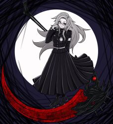 1girl aotsuki_eito armband black_boots black_shirt black_skirt blue_eyes boots closed_mouth female_focus frown genderswap genderswap_(mtf) glasses hand_up holding holding_scythe holding_weapon last_defense_academy_school_uniform long_hair looking_at_viewer parted_hair pleated_skirt scythe shirt simple_background skirt solo solo_focus the_hundred_line_-last_defense_academy- weapon white_hair