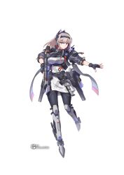 1girl absurdres ar-15 artist_name assault_rifle black_gloves blonde_hair blue_eyes breasts fingerless_gloves full_body gloves gun hairband highres holding holding_gun holding_weapon holstered long_hair looking_at_viewer mecha_musume mechanical_legs medium_breasts original ponytail rifle science_fiction sherman_(egnk2525) solo suppressor tachi-e trigger_discipline weapon white_background