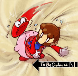 0_0 1boy alternate_universe brown_hair cappy_(mario) crossover facial_hair flying_sweatdrops gloves hat inhaling jojo_no_kimyou_na_bouken kirby kirby_(series) mario mario_(series) mustache nintendo super_mario_odyssey suspenders throwing throwing_hat to_be_continued white_gloves xin_yu_hua_yin |_|