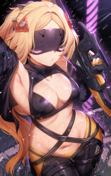 1girl black_blindfold black_pants blindfold blonde_hair breasts gun hair_intakes highres holding holding_gun holding_weapon large_breasts long_hair m-da_s-tarou navel pants parted_bangs solo stomach trigger_(zenless_zone_zero) weapon zenless_zone_zero