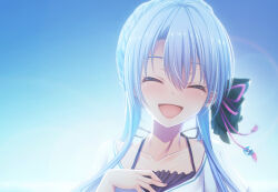 Rule 34 | 1girl, :d, ^ ^, animal print, backlighting, black bow, blue hair, blue sky, blush, bow, breast suppress, butterfly print, closed eyes, collarbone, commentary request, day, facing viewer, fingernails, hair between eyes, hair bow, hair ornament, hand up, happy, long hair, open mouth, outdoors, portrait, shirt, shootinghaze, short sleeves, sky, smile, solo, sorakado ao, straight hair, summer pockets, sunlight, tassel, tassel hair ornament, white shirt