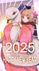 1girl 2025 animal animal_hug brown_hair chinese_zodiac commentary_request eggplant hair_ornament happy_new_year highres inuyou japanese_clothes kimono long_hair looking_at_viewer mount_fuji mountain natori_sana new_year object_on_head oversized_animal rabbit_hair_ornament red_eyes red_kimono sana_channel smile snake solo sun two_side_up virtual_youtuber white_snake year_of_the_snake