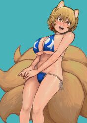 1girl absurdres animal_ears bikini blonde_hair blue_background blue_bikini breasts chanta_(ayatakaoisii) dutch_angle fox_ears fox_girl fox_tail hair_between_eyes highres large_breasts multiple_tails navel open_mouth short_hair side-tie_bikini_bottom simple_background solo standing string_bikini swimsuit tail teeth touhou upper_teeth_only yakumo_ran yellow_eyes