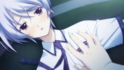 1boy 1girl accidental_touch blue_hair blush breasts chaos;head chaos;head_love_chu_chu! close-up collared_shirt crying crying_with_eyes_open dutch_angle embarrassed fingernails game_cg grabbing_another&#039;s_breast groping kishimoto_ayase light_blush looking_at_viewer lying matsuo_yukihiro narrowed_eyes necktie nishijou_takumi non-web_source official_art on_back on_ground open_mouth pink_eyes plaid_clothes plaid_necktie plaid_sleeves pov pov_hands purple_necktie school_emblem school_uniform shiny_eyes shirt short_hair short_sleeves small_breasts stray_hair suimei_school_uniform suimei_summer_uniform tearing_up tears tongue white_shirt