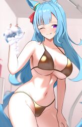 1girl absurdres animal_ears aqua_hair bikini blue_eyes blue_hair braid breasts cowboy_shot crown_braid ear_ornament gold_bikini highres horse_ears horse_girl horse_tail large_breasts long_hair looking_at_viewer mejiro_ardan_(umamusume) mesotto one_eye_closed purple_eyes soap_bubbles solo swimsuit tail umamusume