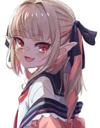 1girl backlighting blush drill_hair flat_chest grey_hair long_hair looking_at_viewer makaino_ririmu makaino_ririmu_(4th_costume) multicolored_hair nijisanji open_mouth pink_hair pointy_ears red_eyes sabamen school_uniform serafuku simple_background smile solo streaked_hair twin_drills two-tone_hair upper_body white_background