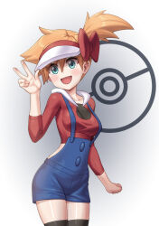 Rule 34 | 1girl, :d, asymmetrical hair, black thighhighs, blue eyes, blush, bow, breasts, buttons, cosplay, cowboy shot, els (ljhlee12), eyelashes, green eyes, hair between eyes, hand up, hat, highres, hood, long sleeves, looking at viewer, lyra (pokemon), lyra (pokemon) (cosplay), misty (pokemon), nintendo, open mouth, orange hair, overalls, pokemon, pokemon (anime), pokemon (classic anime), pokemon hgss, ponytail, red bow, red shirt, shirt, short hair, short shorts, shorts, side ponytail, simple background, smile, solo, suspenders, thighhighs, thighs, tongue, v, visor cap, w