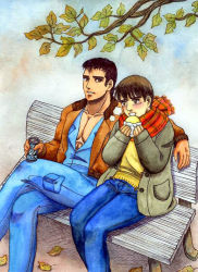 2boys abe_takakazu bench bomber_jacket can coat denim ichikawa_(chi6bee) jacket jeans jumpsuit kuso_miso_technique crossed_legs michishita_masaki multiple_boys painting_(medium) pants scarf sitting traditional_media watercolor_(medium) yaranaika