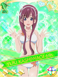 1girl :d akb0048 bikini blue_eyes breasts card_(medium) character_name collarbone cowboy_shot fanged_bangs flower green_background hairband heart kashiwagi_yuki_(akb0048) long_hair looking_at_viewer navel non-web_source official_art open_hands open_mouth orange_flower purple_hair smile solo spread_legs standing star_(symbol) swimsuit w_arms white_bikini white_flower white_hairband