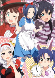 5girls :d ;) ;d ahoge alice_(alice_in_wonderland) alice_(alice_in_wonderland)_(cosplay) alice&#039;s_adventures_in_wonderland amami_haruka argyle_background argyle_clothes black_hair blue_eyes blue_hair breasts brown_eyes brown_hair chain cheshire_cat_(alice_in_wonderland) cheshire_cat_(cosplay) clubs cosplay ganaha_hibiki green_eyes hair_ribbon hairband heart highres hitotsuki_nanoka idolmaster idolmaster_(classic) kisaragi_chihaya long_hair mad_hatter_(alice_in_wonderland) mad_hatter_(alice_in_wonderland)_(cosplay) mary_janes miura_azusa multiple_girls one_eye_closed open_mouth pantyhose parody pocket_watch polka_dot polka_dot_background ponytail queen_of_hearts_(alice_in_wonderland) queen_of_hearts_(cosplay) ribbon shijou_takane shoes short_hair silver_hair smile spade striped_background striped_clothes striped_legwear striped_pantyhose watch whiskers white_rabbit_(alice_in_wonderland) white_rabbit_(cosplay)
