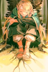 1girl ambrosia_(dungeon_meshi) baggy_pants blonde_hair blue_capelet braid capelet closed_eyes closed_mouth commentary dated dungeon_meshi elf full_body happy_birthday highres holding holding_staff hood hooded_capelet hugging_own_legs kasumi007 light_smile long_hair marcille_donato outdoors painterly pants pointy_ears sandals signature single_braid sitting solo staff symbol-only_commentary toes white_pants