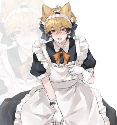 1boy alternate_costume animal_ears apron black_bow black_dress black_hair blonde_hair blush bow bowtie chinese_commentary clothes_grab crossdressing dress earrings enmaided fang fox_boy fox_ears frilled_apron frilled_gloves frills gloves hair_between_eyes hair_bow highres jewelry kemonomimi_mode laipingpijiuma looking_at_viewer maid maid_apron maid_headdress male_focus multicolored_hair open_mouth orange_bow orange_bowtie orange_eyes puffy_sleeves ribbon shiguang_dailiren short_hair short_sleeves simple_background skin_fang solo trap two-tone_hair white_apron white_background white_gloves xia_fei zoom_layer