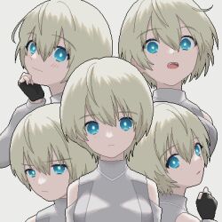 5girls :o album_cover animated animated_gif bare_shoulders black_gloves blinking blonde_hair blue_eyes blush breasts clone closed_mouth cover dithering gloves grey_background grey_shirt hair_between_eyes hand_on_own_chin hand_up hoshimiya_toto indie_virtual_youtuber looking_at_viewer looping_animation medium_breasts multiple_girls narume open_mouth pixel_art shirt short_hair simple_background sleeveless sleeveless_shirt smile turtleneck upper_body virtual_youtuber
