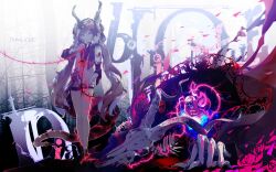 1girl animal_skull blue_eyes commentary_request curled_horns demon demon_girl expressionless fantasy grey_hair highres hood hoodie horns long_hair looking_at_viewer magic original short_shorts shorts sumi_keiichi thorns twintails very_long_hair
