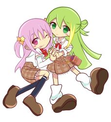 2girls alina_gray belt_pouch blonde_hair blue_socks blunt_ends blush bow bowtie brown_footwear brown_skirt cleaning_rag closed_mouth green_eyes green_hair hair_between_eyes hair_ornament hair_ribbon hair_rings highres holding_hands kneehighs layered_sleeves long_hair long_sleeves loose_bowtie loose_socks magia_record:_mahou_shoujo_madoka_magica_gaiden mahou_shoujo_madoka_magica medium_hair misono_karin multicolored_hair multiple_girls one_eye_closed orange_ribbon paint_stains parody parted_bangs plaid_clothes plaid_skirt pouch purple_hair puyopuyo red_bow red_bowtie ribbon sakae_general_school_uniform school_uniform shirt shoes short_over_long_sleeves short_sleeves sidelocks simple_background single_hair_ring skirt sleeve_cuffs sleeves_rolled_up smile socks star_(symbol) star_hair_ornament straight_hair streaked_hair style_parody two_side_up white_background white_shirt white_socks wing_collar yuunamida_uyu