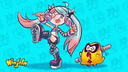 1boy 1girl ahoge aqua_eyes aqua_hair belt belted_shorts blue_boots blue_pupils blue_shorts blush boots candy character_background child closed_mouth commentary_request copyright_name copyright_notice denim denim_shorts drooling dual_wielding english_text eyelashes eyepatch fingernails flat_chest food grin gumchi gungho halftone halftone_background holding holding_candy holding_food holding_lollipop knee_boots lace-up_boots logo lollipop long_hair lucy_(ninjala) medical_eyepatch motion_lines mouth_drool multicolored_hair ninjala nose official_art one_eye_covered pantyhose parted_bangs pink_belt pink_hair pink_shirt pole polka_dot polka_dot_background print_shirt rianti-wong sandals second-party_source shinai shirt shoe_soles shoes shorts shuriken shuriken_print single_bare_arm single_fishnet_armwear single_fishnet_legwear single_leg_pantyhose single_sleeve skinny sleeveless sleeveless_shirt smile socks sparkling_eyes spiked_hair_ornament star_(symbol) star_print sword tabi teeth tongue tongue_out torn_clothes torn_shorts twintails two-tone_hair two-tone_shirt very_long_hair walking weapon white_pantyhose white_shirt white_sleeves white_socks wrestling_boots zouri