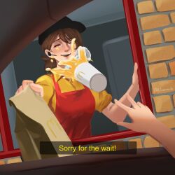 ^_^ absurdres apron bag baseball_cap brown_hair chainsaw_man closed_eyes commentary drive-thru english_commentary english_text hat headset higashiyama_kobeni highres l1amanade mcdonald&#039;s paper_bag ponytail red_apron shirt signature single_sidelock smile throwing_drink yellow_shirt