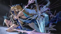 2girls absurdres bare_shoulders barefoot black_dress blonde_hair blue_eyes blue_hair breasts cartethyia_(wuthering_waves) colored_inner_hair commentary crown_of_thorns dress dual_persona earrings english_commentary erikvarts fleurdelys_(wuthering_waves) from_side full_body hand_on_another&#039;s_face highres huge_breasts jewelry long_hair looking_at_another medium_breasts multicolored_hair multiple_girls parted_lips planted planted_sword planted_weapon pointy_ears restrained sandals sword tabard tacet_mark_(wuthering_waves) thighs very_long_hair weapon white_sandals white_tabard wuthering_waves