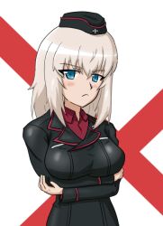 Rule 34 | 1girl, arms under breasts, blue eyes, blush, breasts, cube (huidama), garrison cap, girls und panzer, grey hair, hat, itsumi erika, kuromorimine military uniform, large breasts, looking at viewer, medium hair, solo