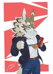1boy 815147h black_jacket blush closed_mouth commentary denim earrings english_commentary food food_in_mouth furry furry_male green_eyes highres jacket jeans jewelry leather leather_jacket looking_at_viewer male_focus necklace pants pocky pocky_in_mouth seth_(housamo) shirt signature slit_pupils tokyo_houkago_summoners white_shirt