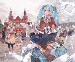 4girls aqua_eyes aqua_hair bird black_skirt bow hatsune_miku high-waist_skirt long_hair miniskirt moscow multiple_girls necktie petticoat red_square russia skirt smile striped_clothes striped_skirt susu thighhighs twintails very_long_hair vocaloid zettai_ryouiki