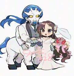 1boy 1girl artist_name blue_hair blush bouquet bridal_veil brown_eyes brown_hair centaur chibi colored_skin dress extra_arms fate/grand_order fate_(series) flower formal_clothes grey_skin holding holding_bouquet long_hair necktie seeds328 suit taur veil very_long_hair wedding_dress white_suit xiang_yu_(fate) yellow_eyes yu_mei-ren_(fate)