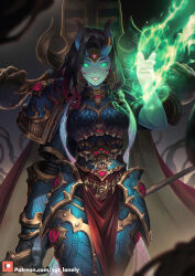 1girl adeptus_astartes armor breastplate breasts chaos_space_marine demon_horns glowing glowing_eyes highres holding holding_staff holding_weapon horns large_breasts looking_at_viewer magic pauldrons power_armor sgt_lonely shoulder_armor smile solo staff thousand_sons warhammer_40k weapon