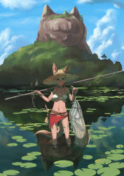 1girl animal_ears armlet arowana bad_id bad_pixiv_id bag bikini blonde_hair blue_eyes bracelet braid breasts catfish cloud day facial_mark female_focus fish fishing_rod food fruit hair_between_eyes hat highres jewelry large_breasts lily_pad looking_at_viewer mountain navel necklace nucomas original outdoors short_hair sidelocks sky smile solo standing strawberry swimsuit tail teepee wading water