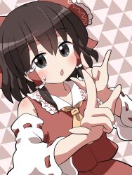 1girl :o ascot blush bow brown_hair commentary_request detached_sleeves double_fox_shadow_puppet fox_shadow_puppet frilled_bow frilled_hair_tubes frills grey_eyes hair_bow hair_tubes hakurei_reimu highres looking_at_viewer medium_hair open_mouth red_bow red_skirt red_vest ribbon-trimmed_sleeves ribbon_trim rokugou_daisuke skirt solo sweatdrop touhou triangle_background vest white_sleeves wide_sleeves yellow_ascot