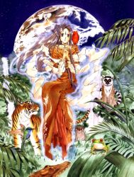 Rule 34 | 1girl, aa megami-sama, animal, belldandy, bird, brown hair, crocodile, crocodilian, dress, earth (planet), floating, frog, fujishima kousuke, hair flowing over, hummingbird, jungle, lemur, long hair, looking at viewer, nature, night, night sky, official art, otter, own hands clasped, own hands together, parrot, planet, rainforest, retro artstyle, sky, smile, solo, space, tiger