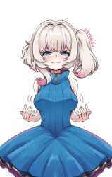1girl artist_name bare_arms blue_dress blue_eyes blush breasts closed_mouth colored_tips dress highres marimari_(vtuber) marimari_(vtuber)_(marimari_2.0) motion_lines multicolored_hair phase_connect pink_hair short_eyebrows sleeveless sleeveless_dress solo victarionsc virtual_youtuber white_background white_hair