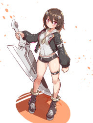 1girl black_boots black_hair black_jacket black_shorts boots closed_mouth cougar_(cougar1404) frown full_body grey_shirt hair_ornament holding holding_sword holding_weapon huge_weapon jacket long_sleeves looking_at_viewer micro_shorts midriff open_clothes open_jacket original purple_eyes shirt short_hair shorts solo standing sword thigh_strap weapon white_background zipper_pull_tab